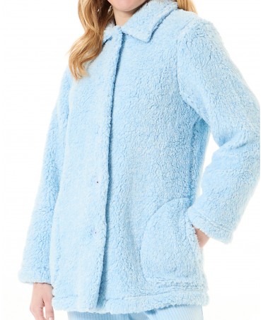 Detail view of the light blue women's buttoned sheepskin coat with side pockets