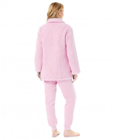 Back view of women's pink sheepskin short dressing gown with pockets