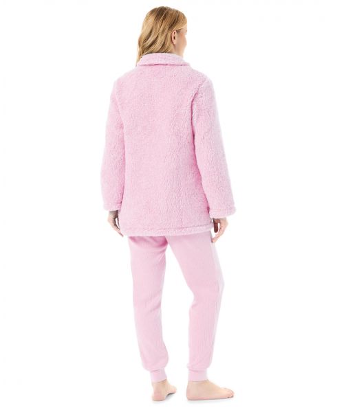 Back view of women's pink sheepskin short dressing gown with pockets