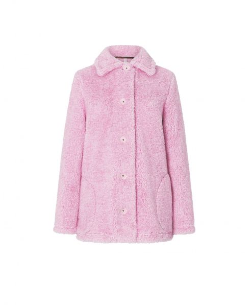 Lohe women's short dressing gown, open with sheepskin buttons, long sleeves with pockets, colour pink