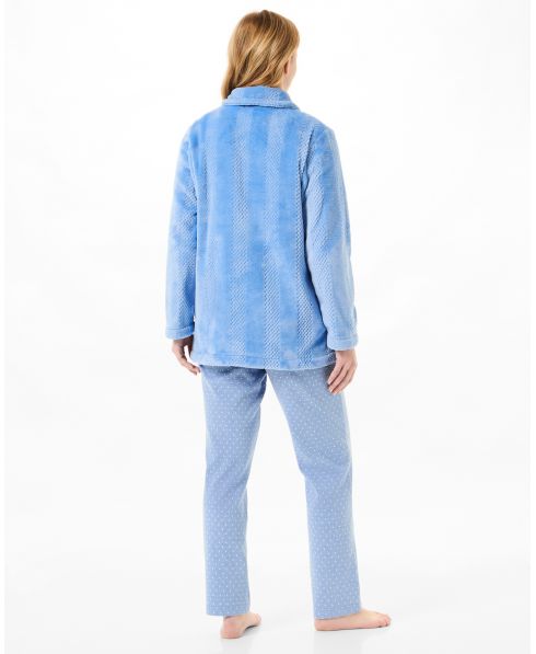Rear view of blue striped jacquard winter short dressing gown for women