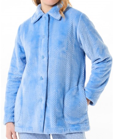 Detail view of blue striped jacquard woven short buttoned dressing gown