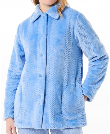 Detail view of blue striped jacquard woven short buttoned dressing gown