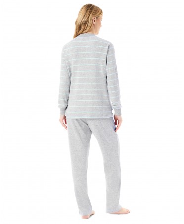 Rear view of long-sleeved pyjamas with light blue striped cuffs and sleeves