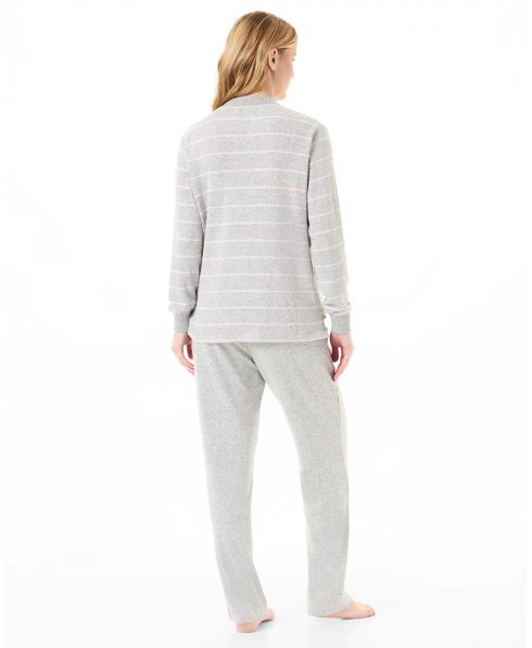 Rear view of long sleeved pyjamas with pink stripes and cuffs