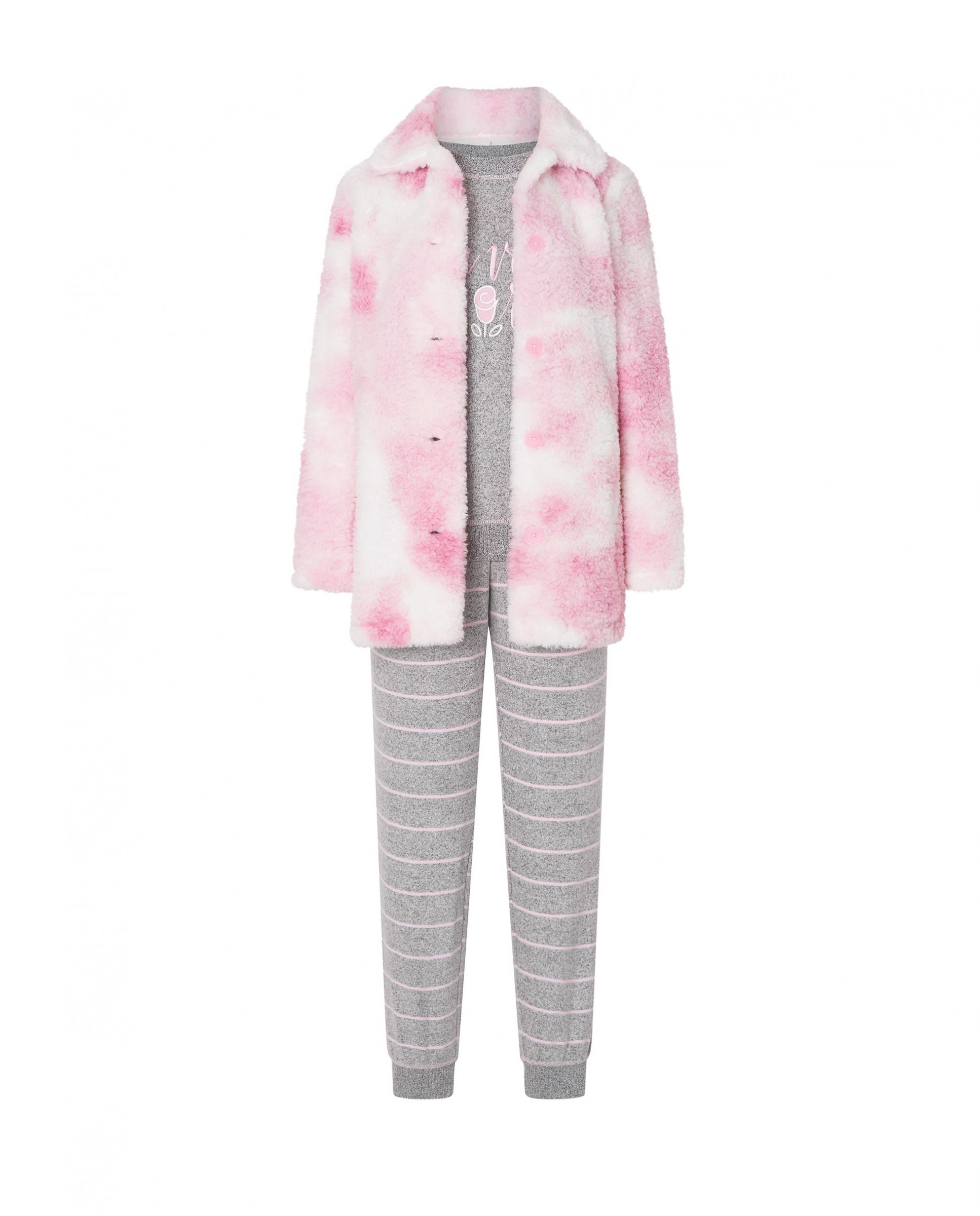 Bata corta de borreguillo rosa y pijama chaqueta abierta botones, pantalón largo rayas con bolsillos y puños.