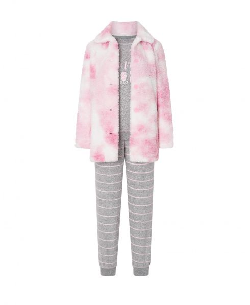 Short pink sheepskin dressing gown and pyjamas, open jacket with buttons, long striped trousers with pockets and cuffs.