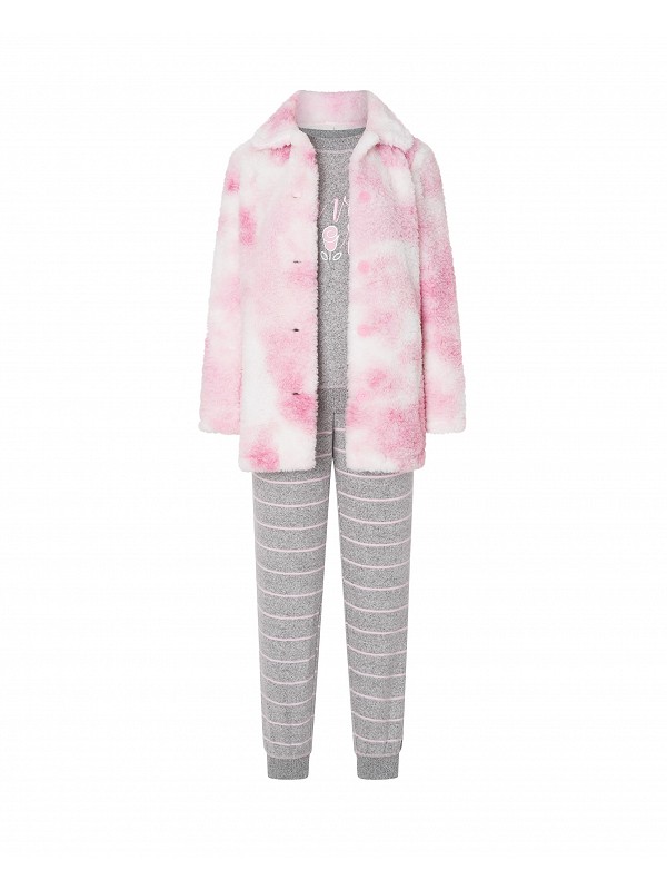 Short pink sheepskin dressing gown and pyjamas, open jacket with buttons, long striped trousers with pockets and cuffs.