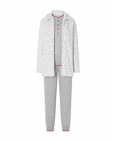 Conjunto Lohe de mujer, compuesto por bata corta cremallera piel manga larga y pijama chaqueta lisa manga larga puños