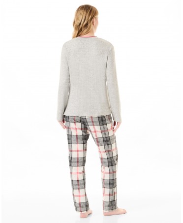 Rear view of women's long-sleeved pyjamas with plaid trouser mix