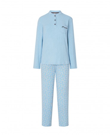 Lohe women's light blue mixed long pyjamas, plain jacket with button-down collar, long trousers with daisy print and pockets.