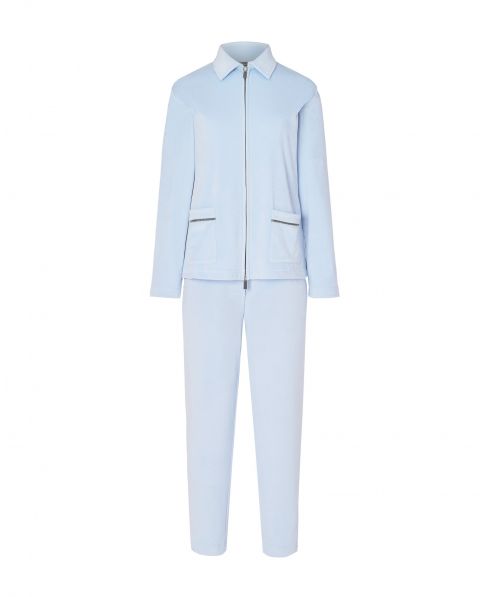 Light blue long pyjamas, plain velvet jacket with zip and plaston pockets, velvet long trousers.