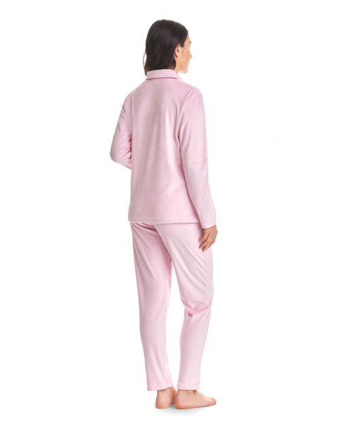 Rear view of pink velvet long sleeved winter pyjamas