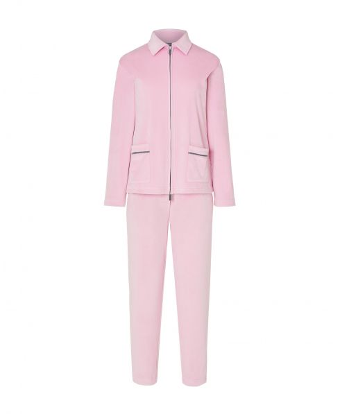 pink long pyjamas, plain velvet jacket with zip and plaston pockets, velvet long trousers.