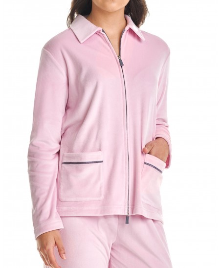 Detail view of pink tracksuit jacket with zip and pockets