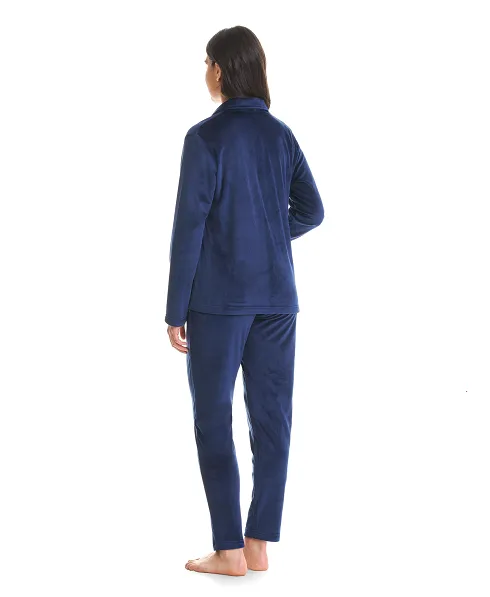 Rear view of navy velvet long sleeve winter pyjamas