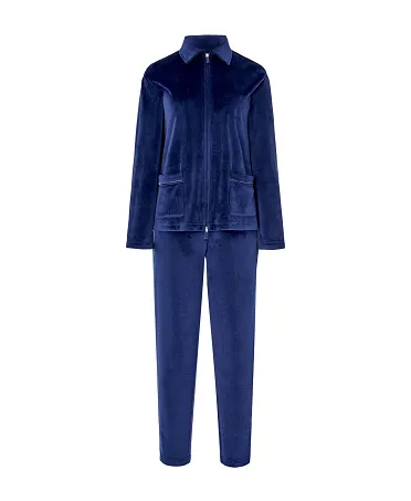 Navy blue long pyjamas, plain velvet jacket with zip and plaston pockets, velvet long trousers.