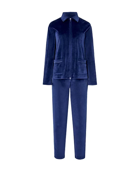 Navy blue long pyjamas, plain velvet jacket with zip and plaston pockets, velvet long trousers.