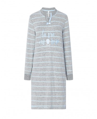 Women's long nightdress, light blue stripes and embroidery, long sleeves with cuffs.