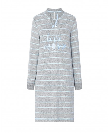 Women's long nightdress, light blue stripes and embroidery, long sleeves with cuffs.