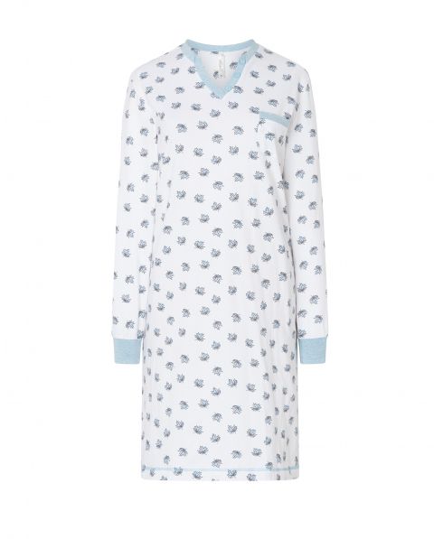 Lohe women's nightdress, leaf print, long sleeves with cuffs, V-neck.