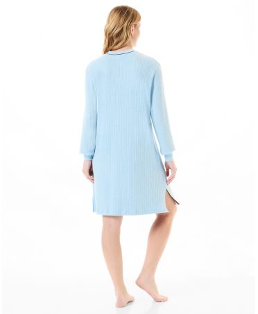 Rear view of long-sleeved light blue long-sleeved ribbed nightdress
