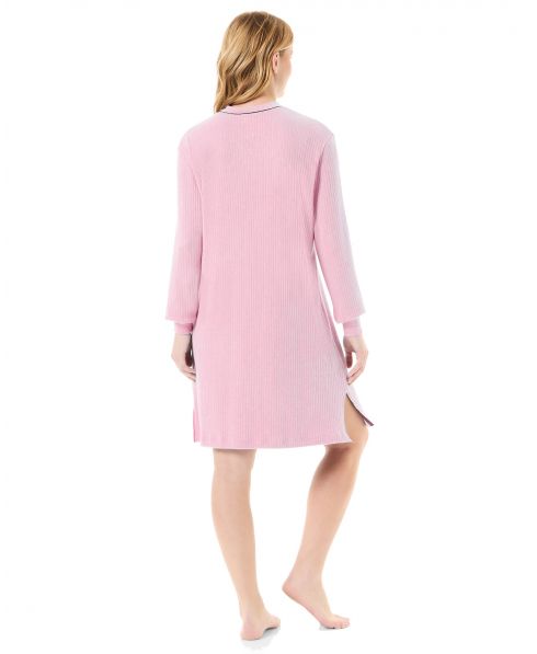 Rear view of long-sleeved light blue long-sleeved ribbed nightdress