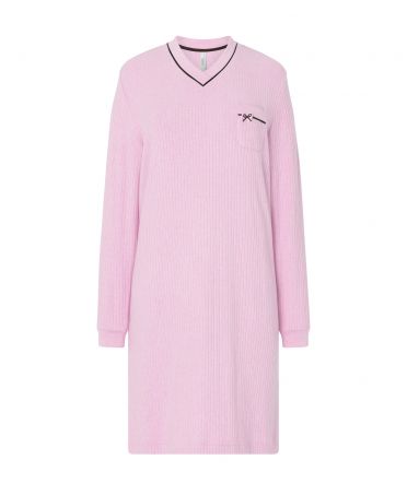 Lohe women's long nightdress, in pink plain ribbed, long sleeves and V-neck.