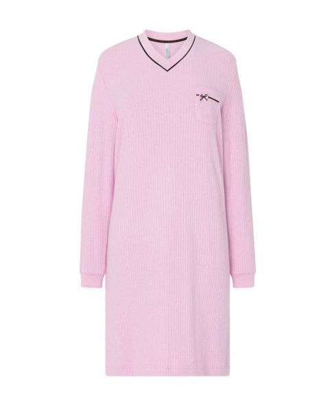 Lohe women's long nightdress, in pink plain ribbed, long sleeves and V-neck.