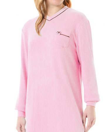 V-neck detail on pink ribbed nightgown