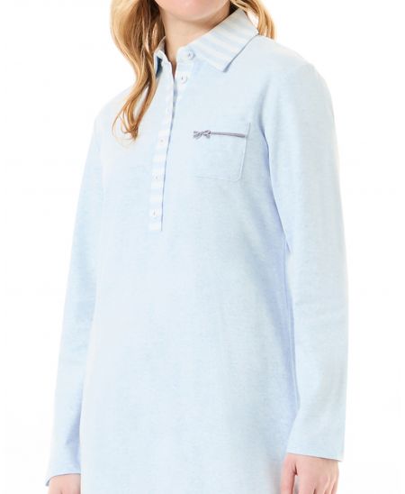 Detail view of light blue nightgown with open polo collar