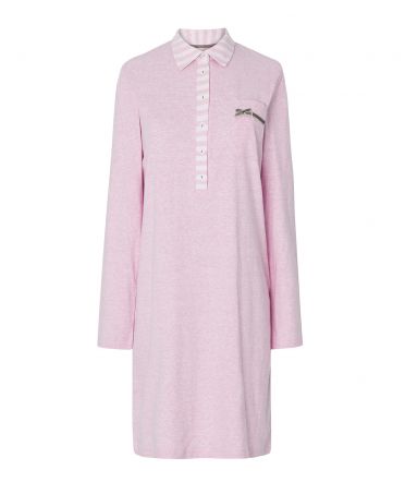 Women's long nightdress pink, long sleeve plain vigore, open polo neck with buttons.