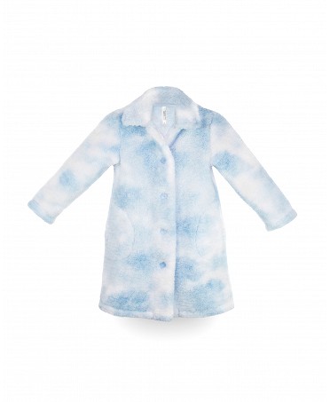 A blue and white flannel children's dressing gown on a white background.