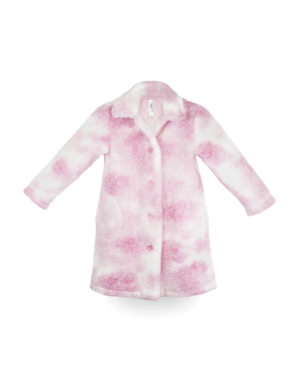 A pink and white flannel girl's dressing gown on a white background.