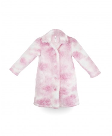 A pink and white flannel girl's dressing gown on a white background.
