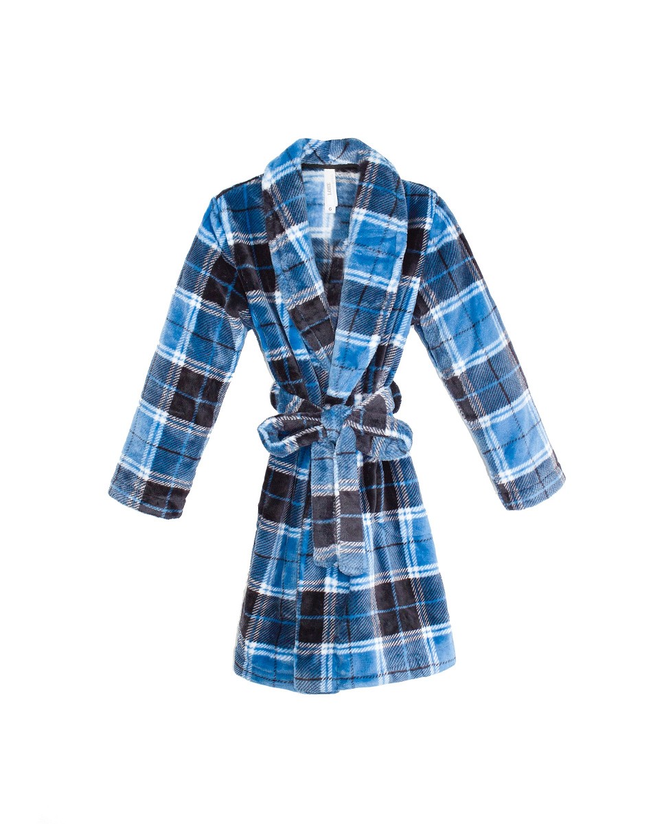 A blue and black children's long blue and black checkered dressing gown on a white background.