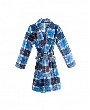 A blue and black children's long blue and black checkered dressing gown on a white background.