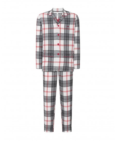 Lohe men's long pyjamas, open jacket with buttons, long sleeves, check print, long check trousers.