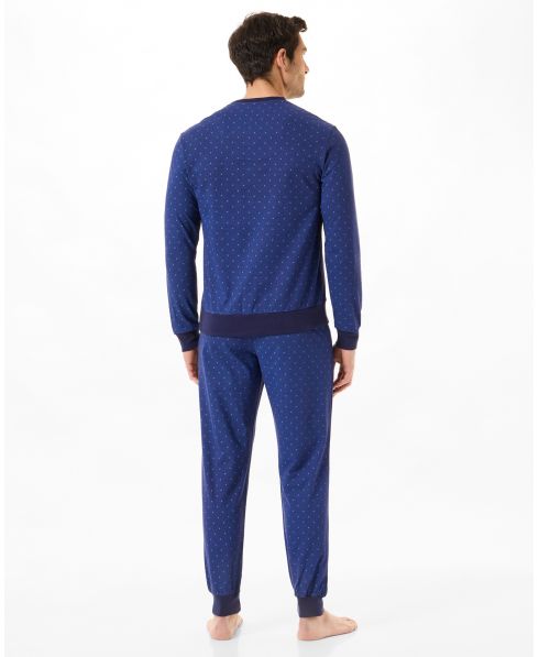 Rear view of blue men's long sleeve winter pyjamas with cuffs