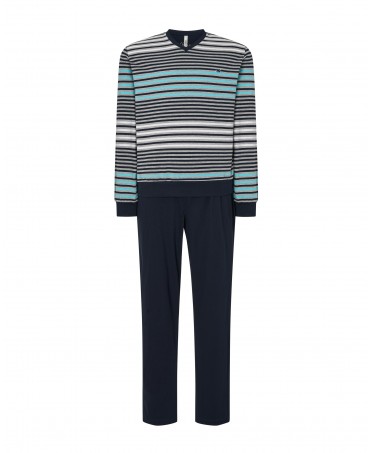 Lohe men's long pyjamas, striped print jacket, long sleeve V-neck with cuffs, plain long trousers.