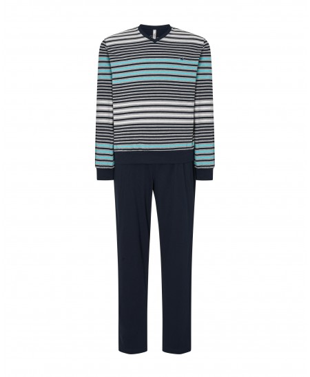 Lohe men's long pyjamas, striped print jacket, long sleeve V-neck with cuffs, plain long trousers.