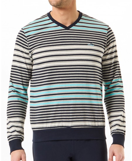 Detail view of striped men's pyjama jacket with cuffs and V-neck collar