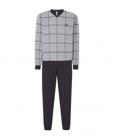 Lohe men's long pyjamas, check print jacket, long sleeve V-neck with cuffs, plain long trousers with cuffs.