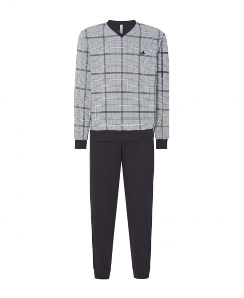 Lohe men's long pyjamas, check print jacket, long sleeve V-neck with cuffs, plain long trousers with cuffs.