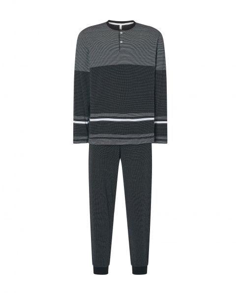 Lohe men's long pyjamas, striped print jacket, round neck with buttons, long sleeves, plain long trousers with cuffs.