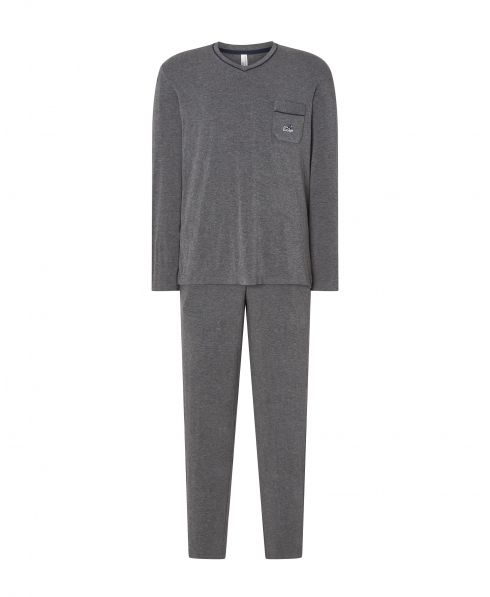 Pijama largo de hombre gris, chaqueta modal liso, cuello pico manga larga, pantalón largo modal liso