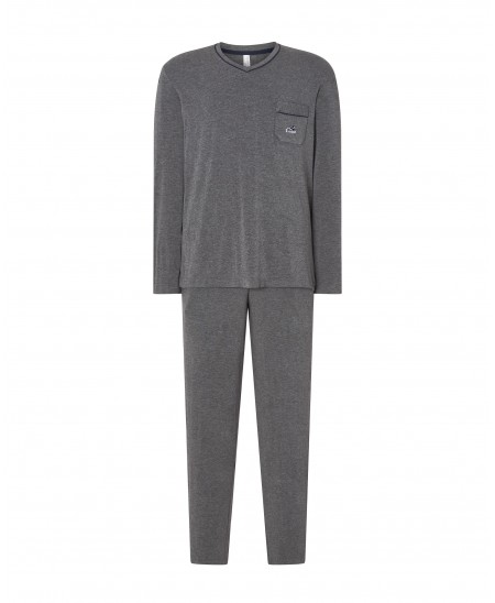 Men's long pyjamas grey, plain modal jacket, long sleeve V-neck, plain modal long trousers