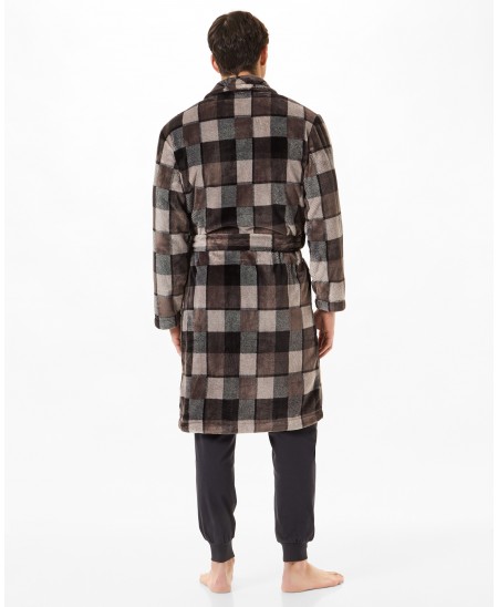 Rear view of men's long dressing gown with pockets check print