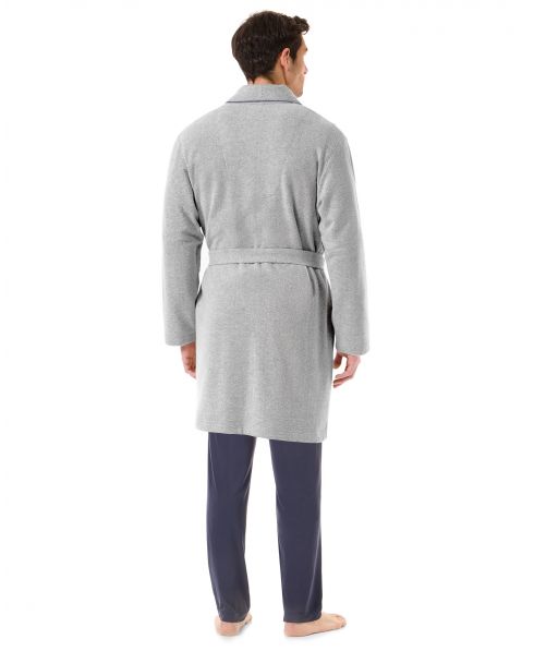 Rear view of model in long grey woollen coat