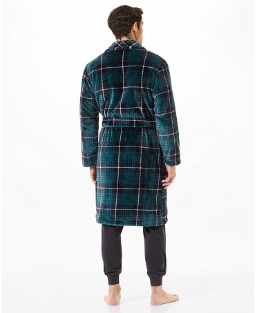 Rear view of a long plaid tuxedo-collared dressing gown